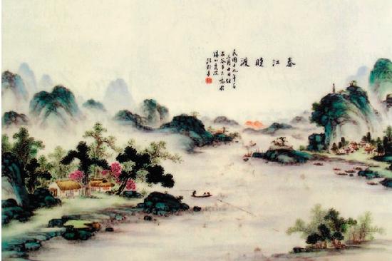 汪野亭粉彩《春江曉渡圖》瓷板